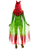 Green and red costume with sheer overlay on a white background