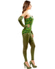 Woman wearing a green and black patterned top with matching leggings on a white background