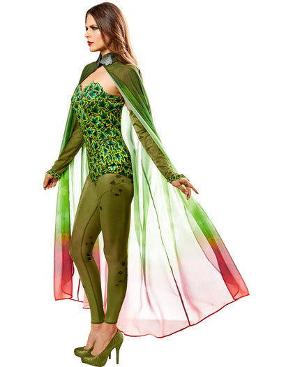 Woman wearing a green and red outfit with a matching shawl on a white background