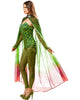 Woman wearing a green and red outfit with a matching shawl on a white background