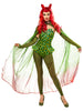 Person wearing a green and red costume with a cape on a white background