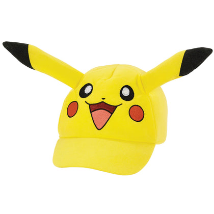 Yellow Pikachu hat with black ears and red cheeks on a white background