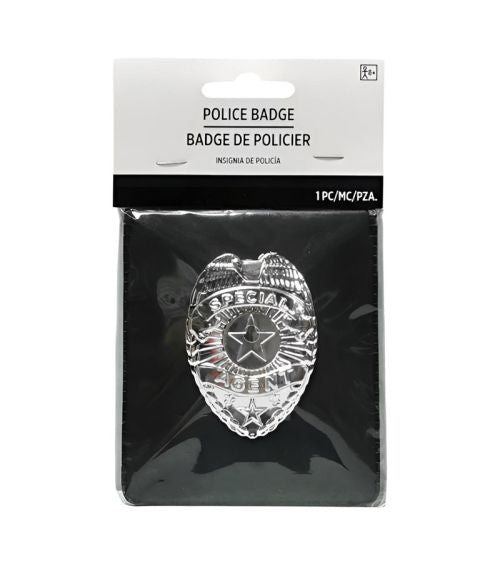 A novelty police badge accessory in its retail packaging, featuring a silver metallic badge printed on a black backing card with a white header.