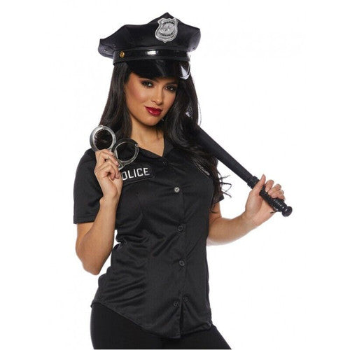 Person wearing a police costume with hat, shirt, and baton on a white background