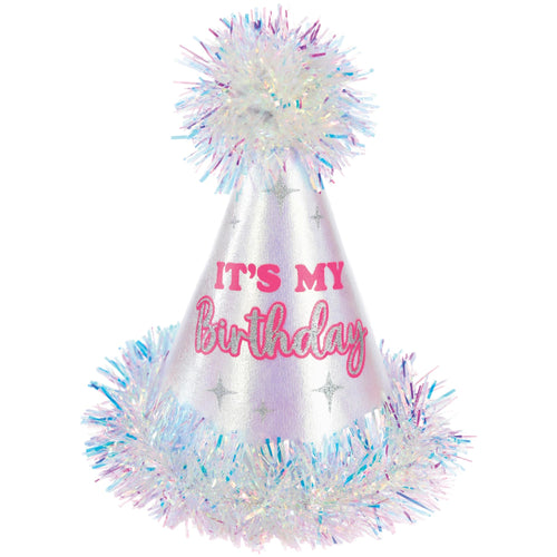 Birthday hat with colorful tinsel and 'It's My Birthday' text on a white background