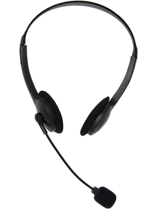 Black headset with microphone on a white background