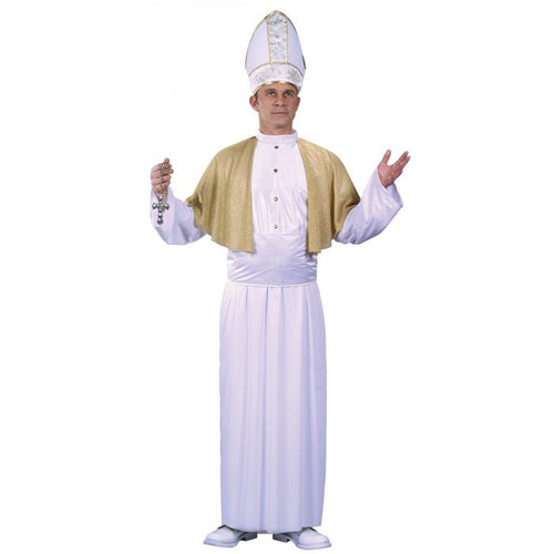 A man modeling a white and gold papal/bishop costume against a plain white background, wearing a tall white mitre, white robe, and gold cape, with hands raised as if preaching.