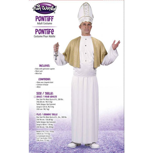 Fun World brand adult pontiff costume shown on a model against a white background with product details printed on the left side. The costume includes a white mitre, white robe, white shirt, and a gold cape.