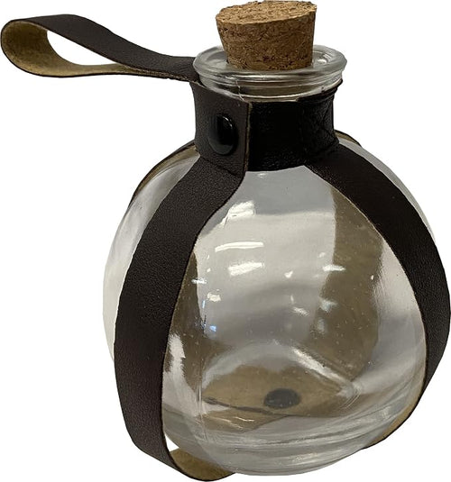 Clear glass bottle with cork stopper and black leather strap on a white background