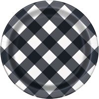 Round paper plate with black and white checkered pattern