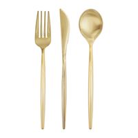 Set of gold cutlery including a fork, knife, and spoon on a white background