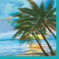 Painting of palm trees on a beach with a colorful sky.
