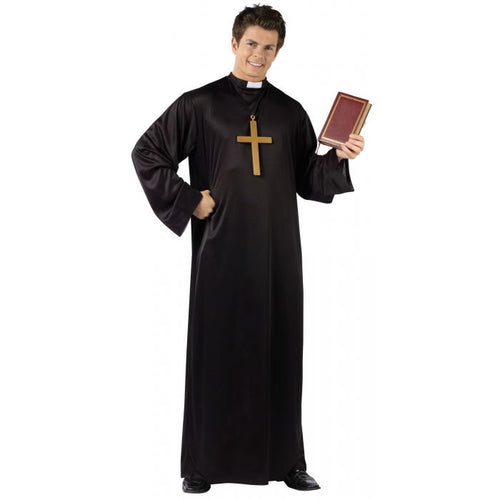 Person wearing a black priest costume holding a book on a white background