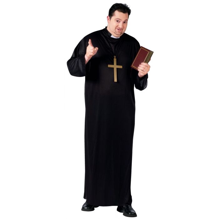 Person wearing a black robe with a cross, holding a book on a white background