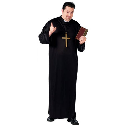 Person wearing a black robe with a cross, holding a book on a white background