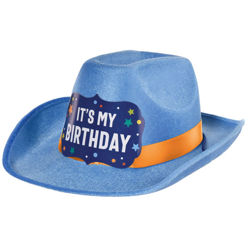 Blue cowboy hat with 'It's My Birthday' text on a white background