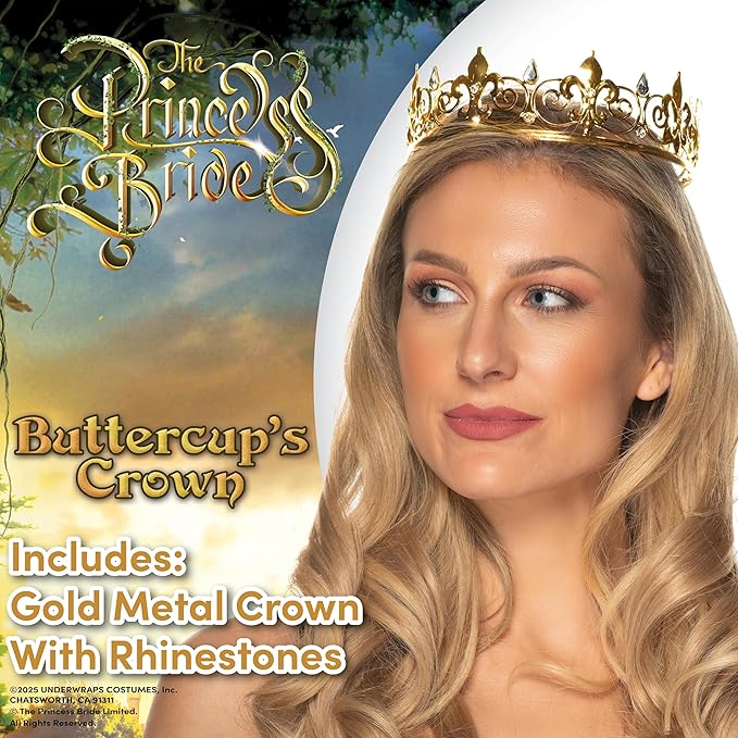 Buttercup's crown from 'The Princess Bride' with a model wearing it against a scenic background.