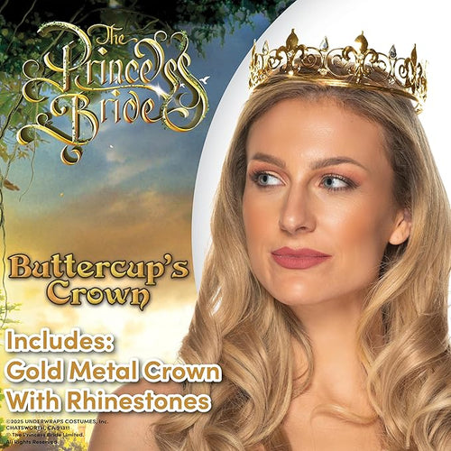 Buttercup's crown from 'The Princess Bride' with a model wearing it against a scenic background.