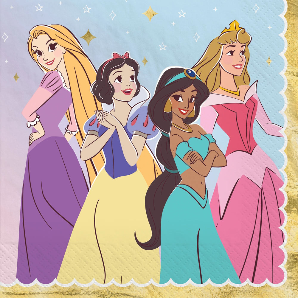 Four animated princesses from Disney standing together against a decorative background with stars and a gold border.