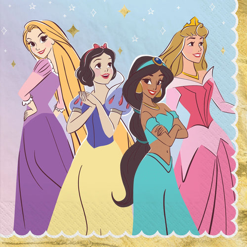 Four animated princesses from Disney standing together against a decorative background with stars and a gold border.