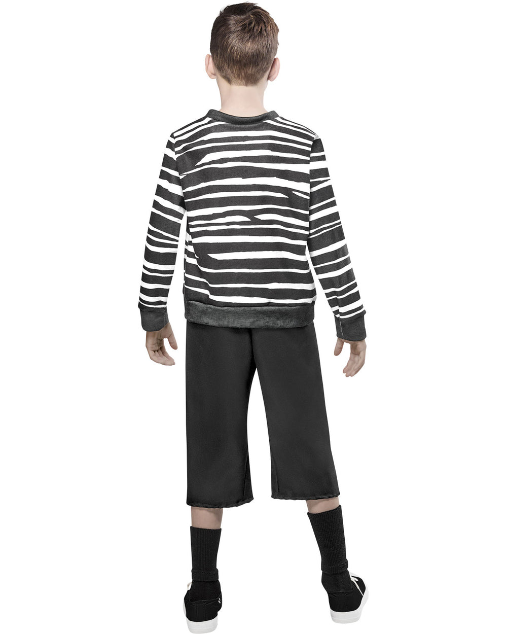 Person wearing a black and white striped shirt with black pants on a white background
