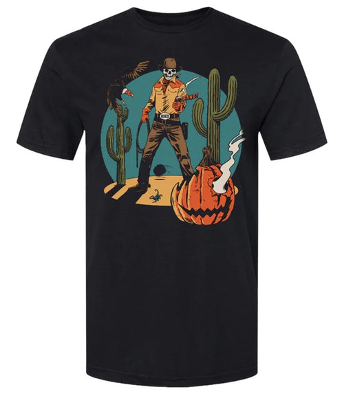 Black t-shirt with a graphic design of a skeleton in a cowboy outfit with a gun, cactus, and pumpkin on a white background.