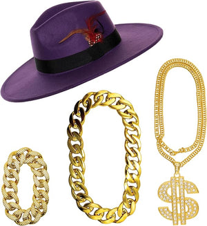 Purple hat with a spider decoration and gold chains with dollar sign pendant on a white background