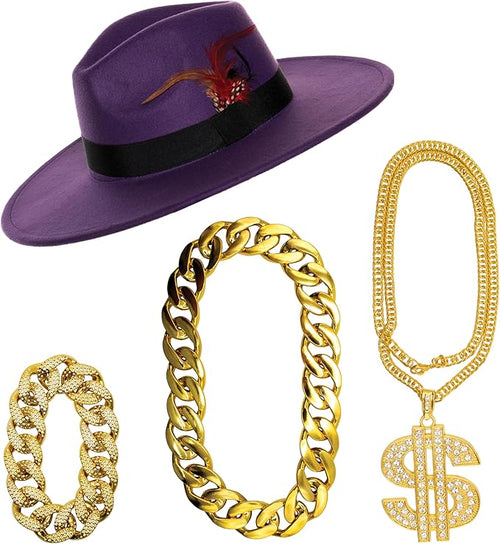 Purple hat with a spider decoration and gold chains with dollar sign pendant on a white background
