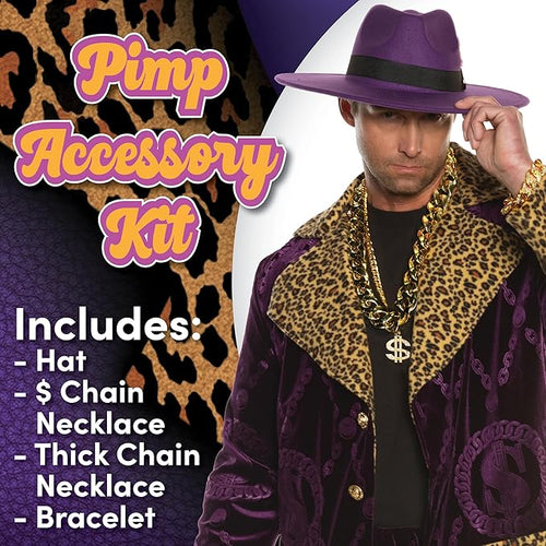 Man wearing a purple hat, leopard print coat, and chains with text 'Pimp Accessory Kit' on a patterned background.