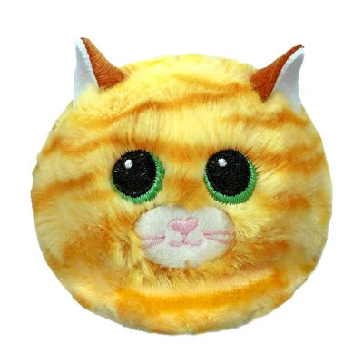 Plush toy resembling a cat with orange stripes on a white background