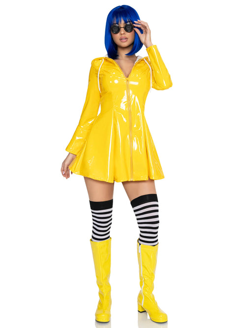 A model wearing a shiny yellow hooded raincoat dress, black and white striped knee-high socks, matching yellow boots, and a blue wig against a white background.