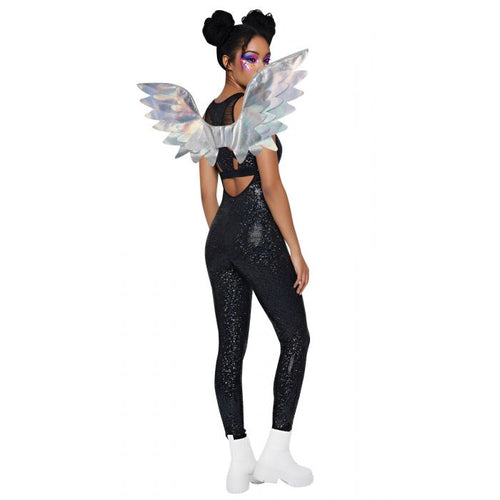 A woman modeling a black sequined bodysuit with a cutout back, large iridescent angel wings, and white ankle boots against a plain white background.