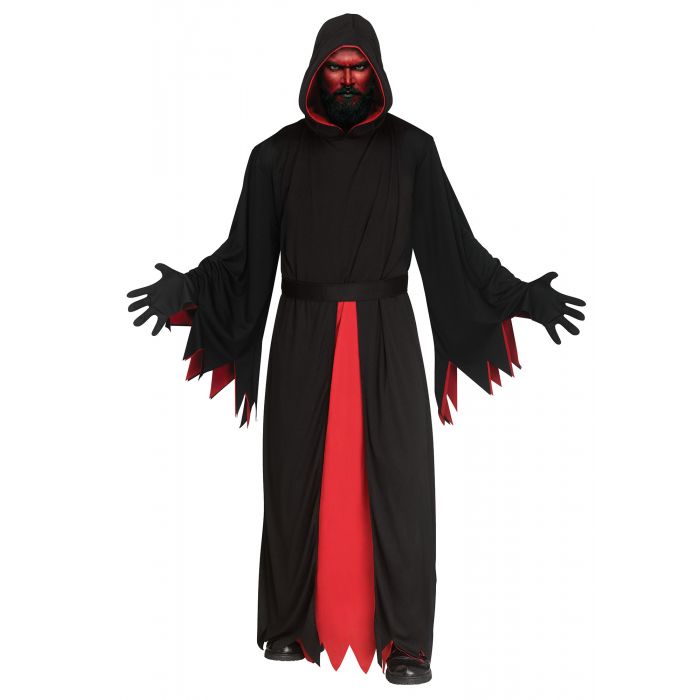 A person modeling a black hooded robe costume with red lining and jagged red hem details, black gloves, and a red face mask against a plain white background.