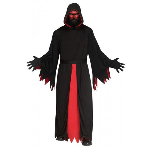 A person modeling a black hooded robe costume with red lining and jagged red hem details, black gloves, and a red face mask against a plain white background.