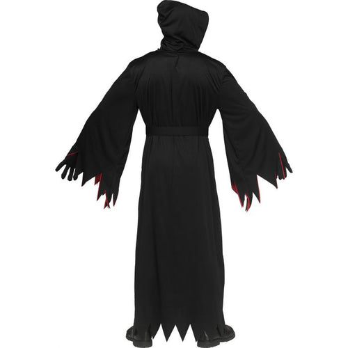 Black hooded robe with red accents on a white background