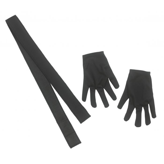 Black stretchy fabric accessory set consisting of a long narrow strap and two matching fingerless gloves, displayed on a plain white background.