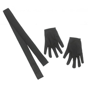 Black stretchy fabric accessory set consisting of a long narrow strap and two matching fingerless gloves, displayed on a plain white background.