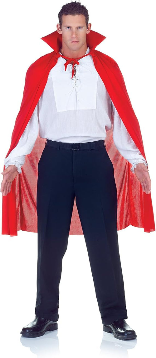 Person wearing a Halloween costume with a red cape and white shirt on a white background