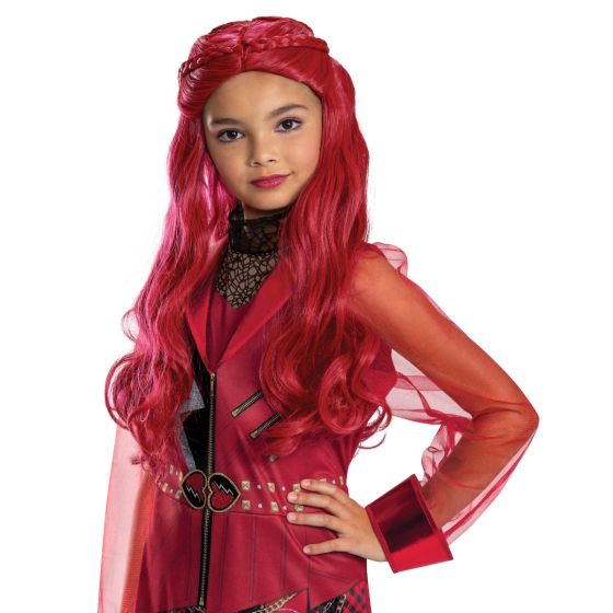 Child wearing a red costume with a long wig on a white background