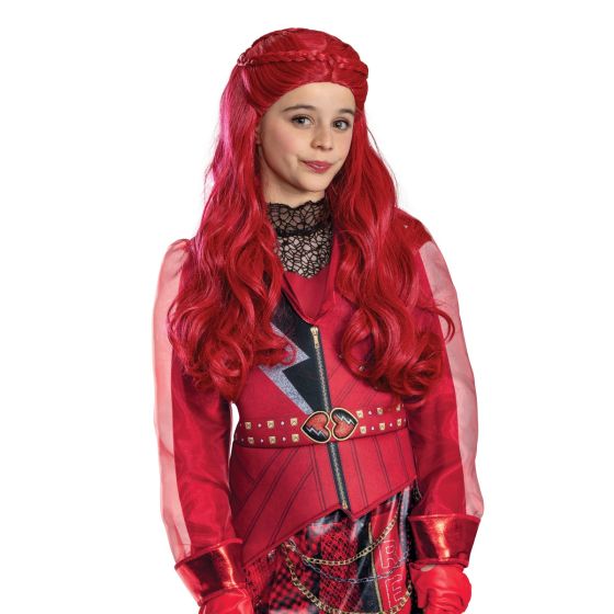 A young girl wearing a red and black costume with long red hair, a matching red headpiece, sheer red sleeves, and a studded belt, photographed against a plain white background.