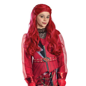 A young girl wearing a red and black costume with long red hair, a matching red headpiece, sheer red sleeves, and a studded belt, photographed against a plain white background.