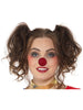 Person with brown hair styled in pigtails and a red clown nose on a white background