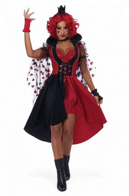 Person wearing a red and black costume with a crown, standing against a white background