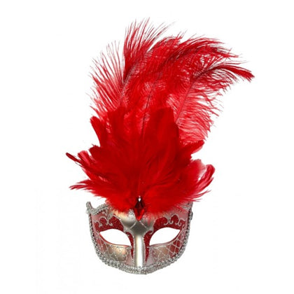 Red & Silver Venetian Eye Mask with Feathers