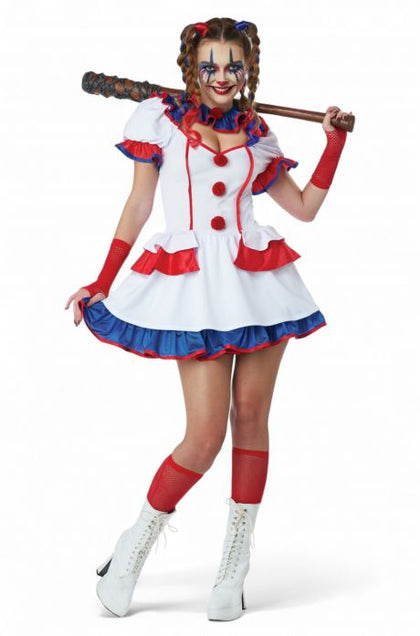 Person wearing a clown costume with white, red, and blue colors on a white background