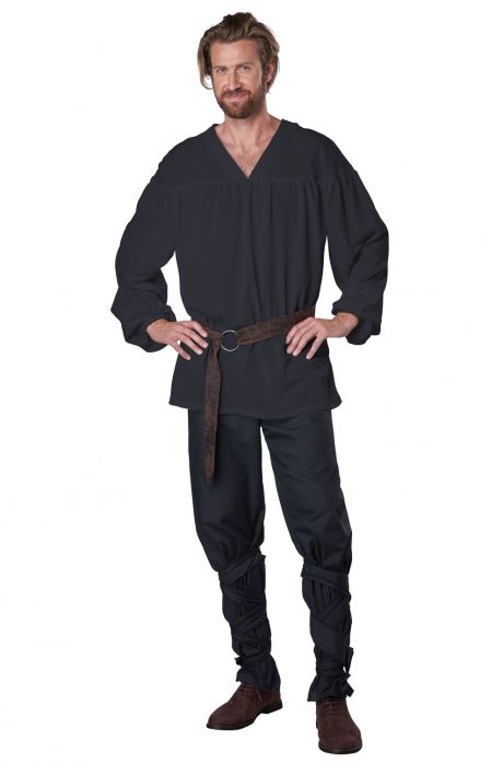 Man wearing a black medieval outfit with a belt on a white background