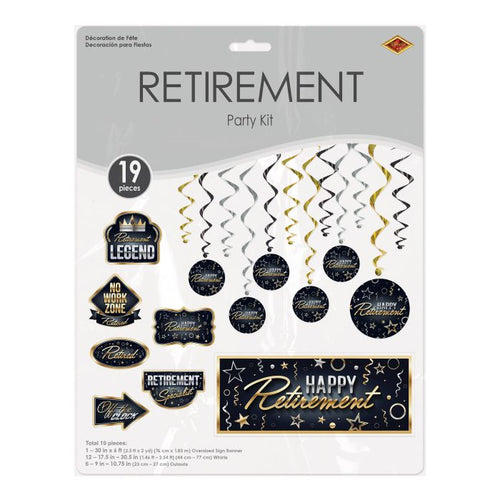 Retirement party kit packaging with decorative elements on a white background
