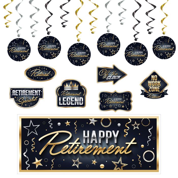 Retirement-themed decorations including hanging swirls and a banner with 'Happy Retirement' text.