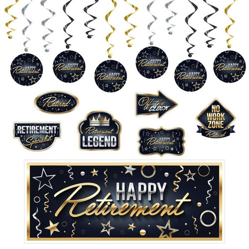 Retirement-themed decorations including hanging swirls and a banner with 'Happy Retirement' text.