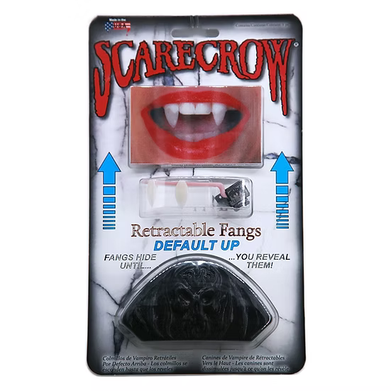 Packaged Scarecrow brand retractable vampire fangs on a white and gray card backing. The package shows a red lips-and-teeth demonstration window, blue arrows, and a black fang reservoir at the bottom.